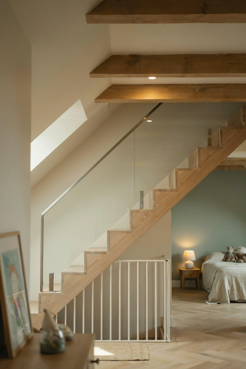 Safe attic bedroom staircase with child safety gate and non-slip wooden treads