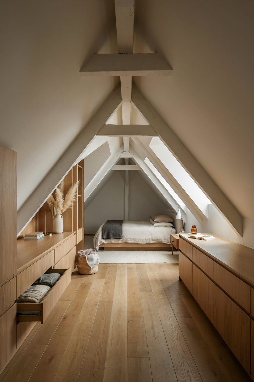 Attic bedroom knee wall with hidden built-in storage drawers and painted flush doors