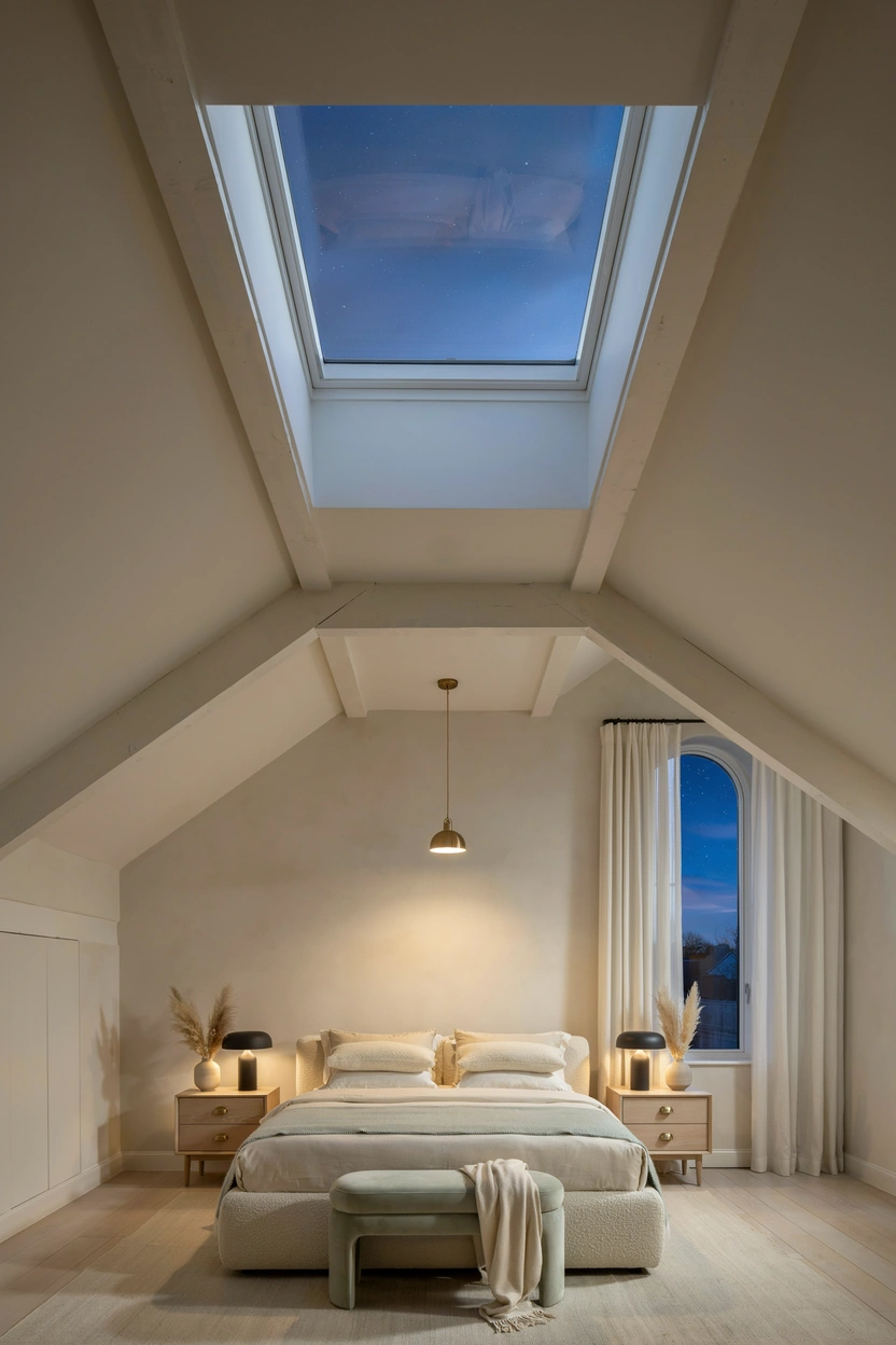 Attic kids bedroom with skylight above bed letting in natural morning light