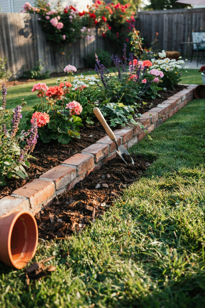 Raised brick flower bed edging in a backyard garden holding mulch in place with a clean, practical border design