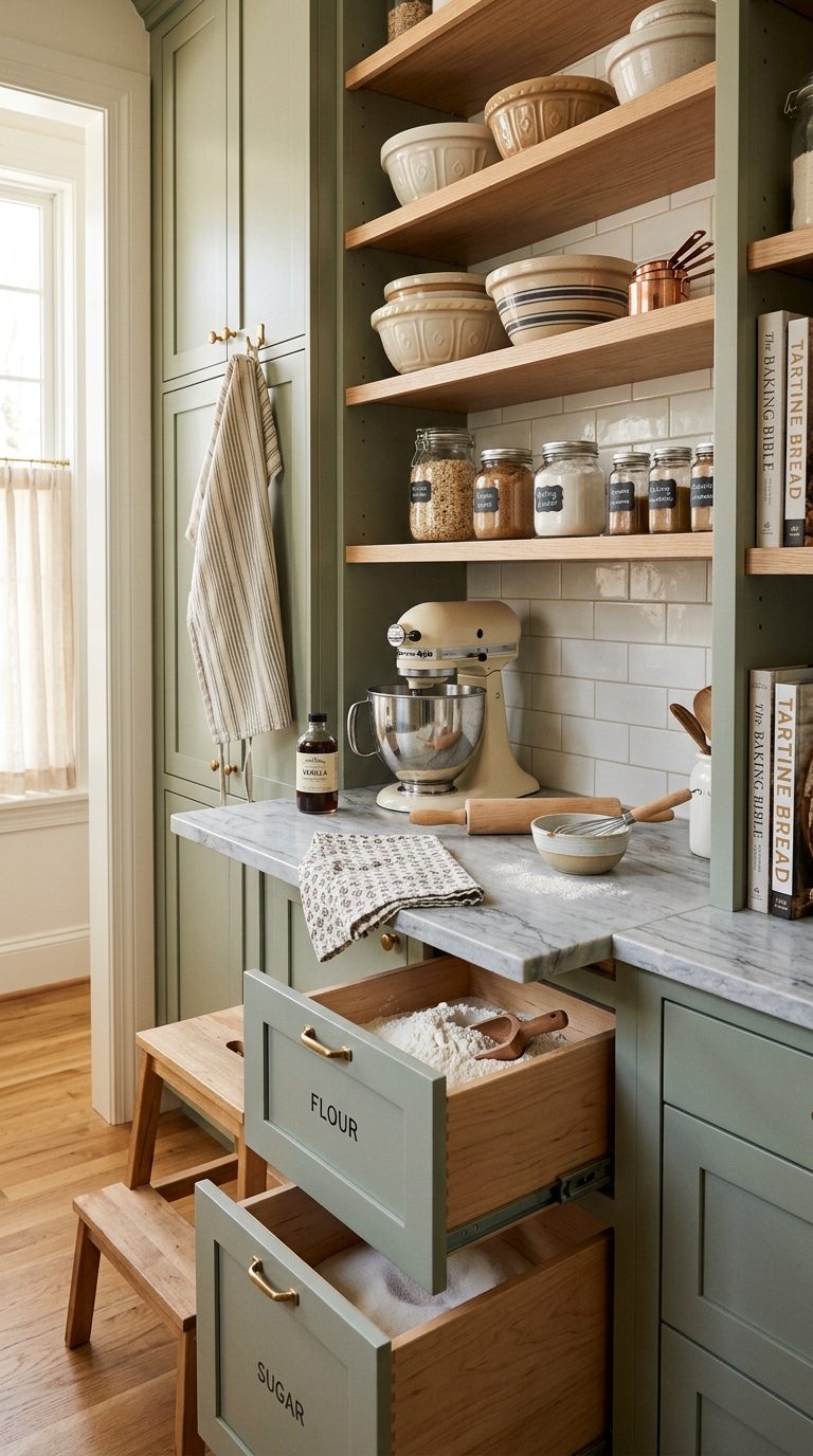 Dedicated baking station butler's pantry with marble countertop, stand mixer shelf, and pull-out flour bins