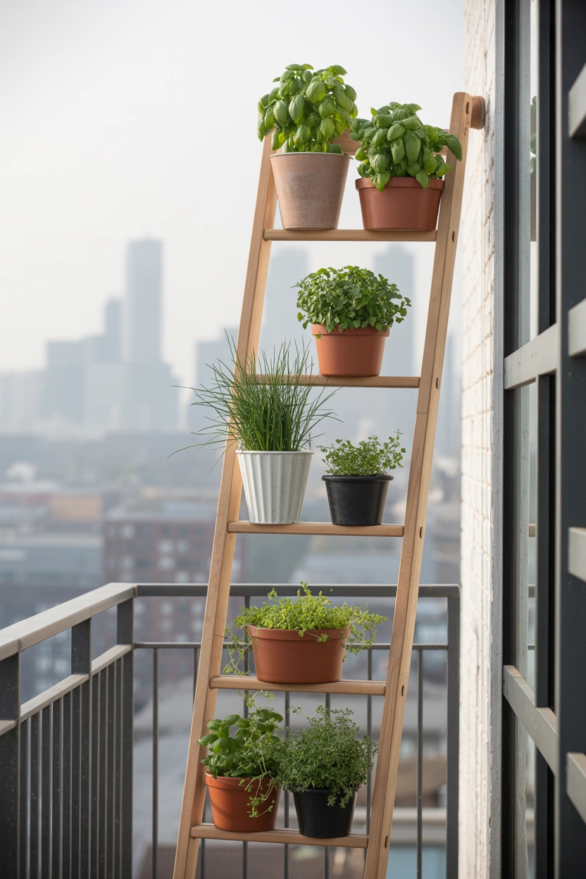 Compact balcony ladder herb garden for small spaces with chives, basil, and oregano in lightweight pots