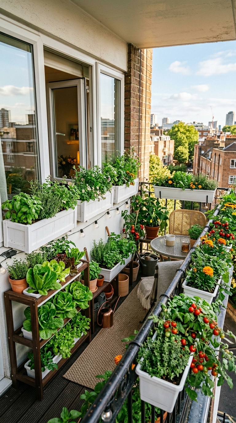 Apartment balcony potager garden with white window boxes, railing planters, and vertical grow rack filled with herbs and tomatoes