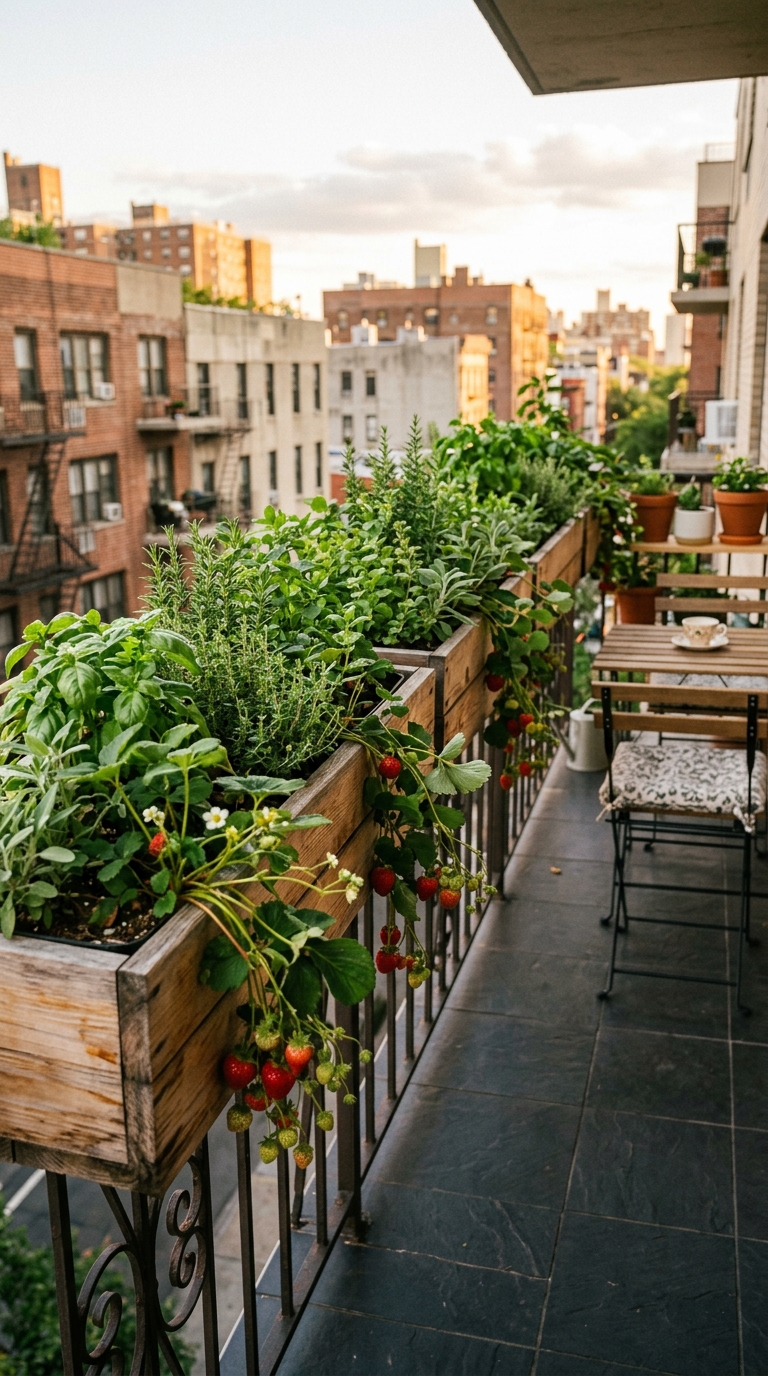 Balcony railing planter line for a small potager garden