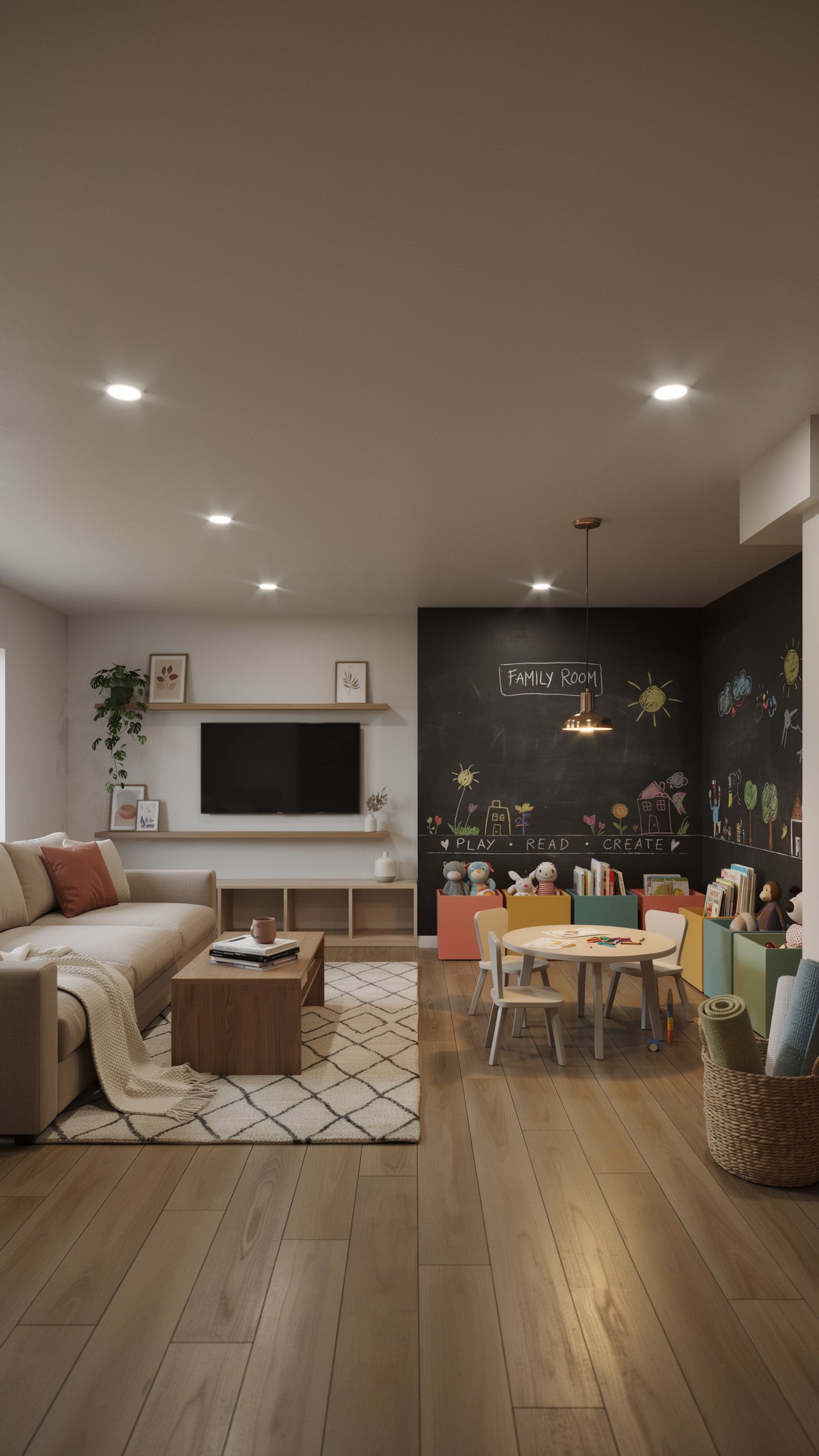 Basement family room with separate adult lounge and kids activity zone, grey sectional, and built-in toy storage