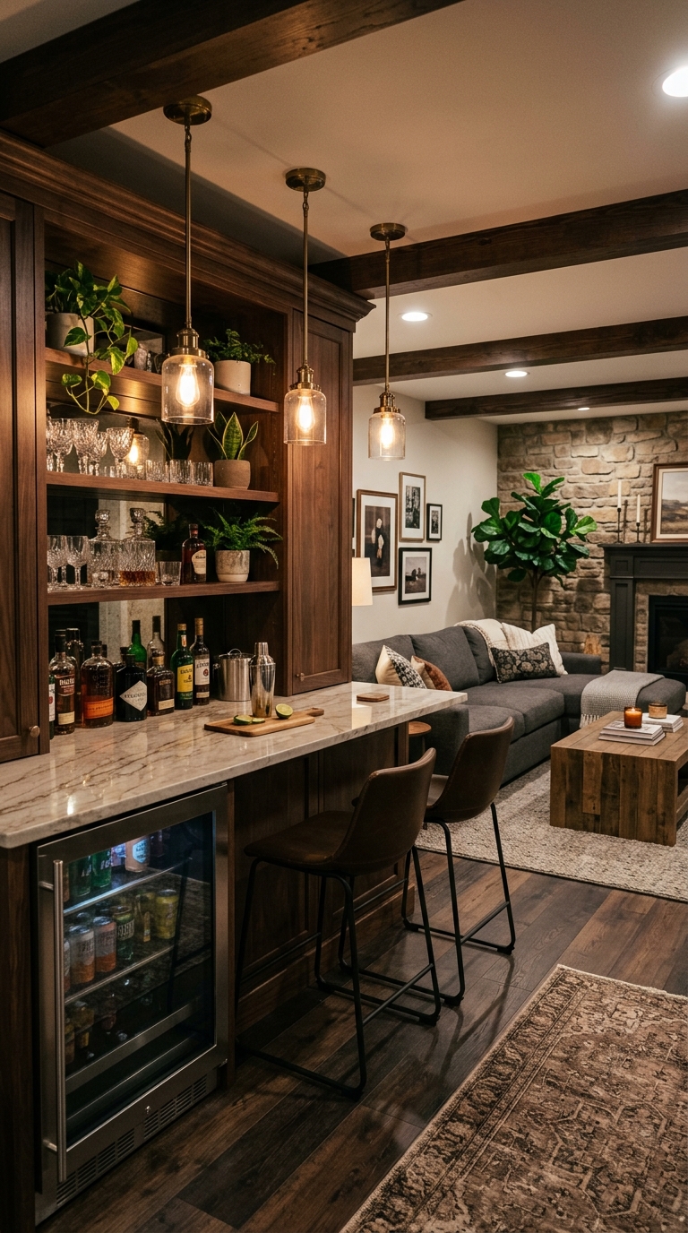 Basement living room with built-in bar corner, dark wood shelving, pendant lights, and leather bar stools