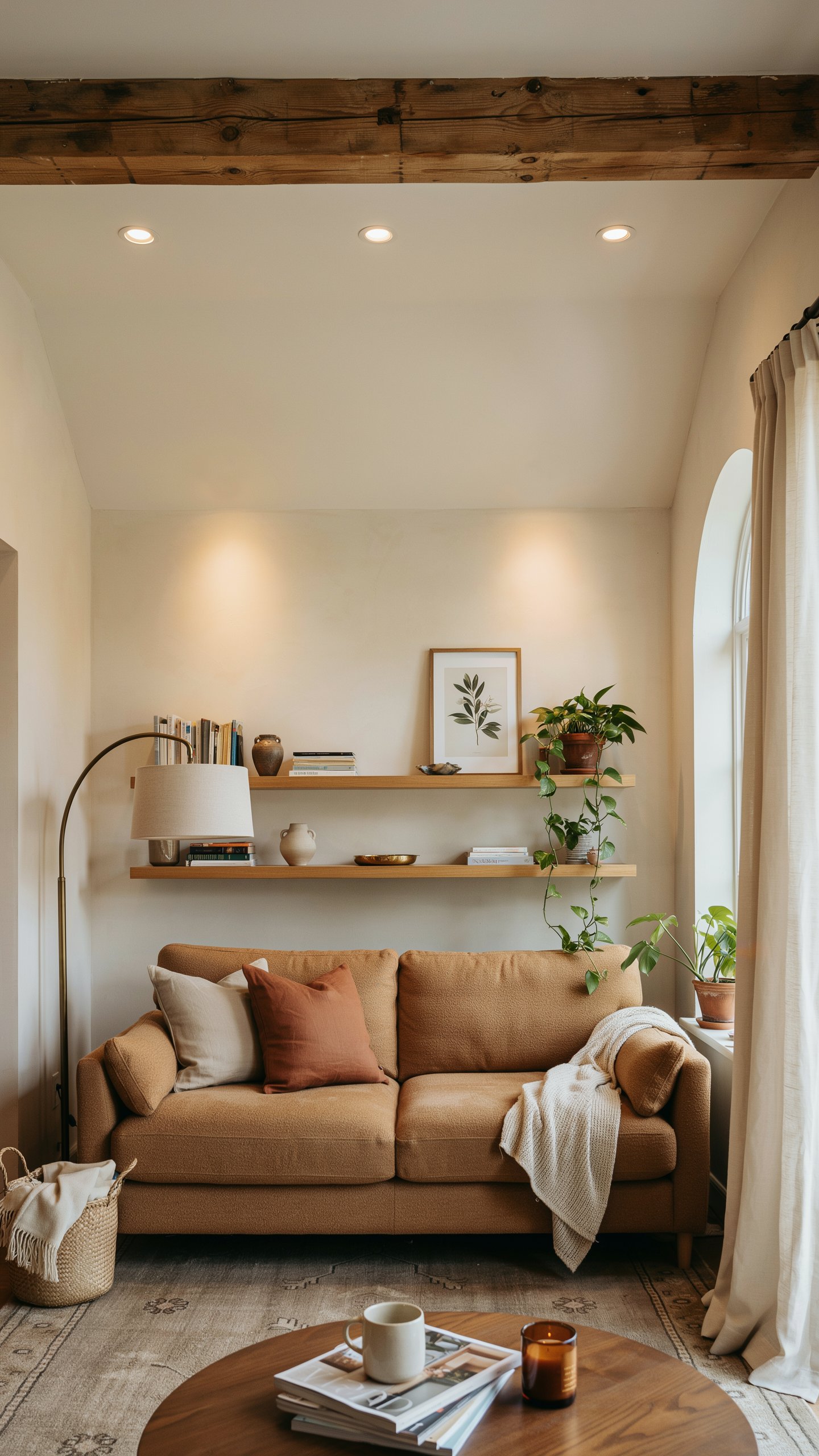 Basement living room with warm creamy white walls, caramel sofa, wood accents, and plants for a bright, inviting color palette