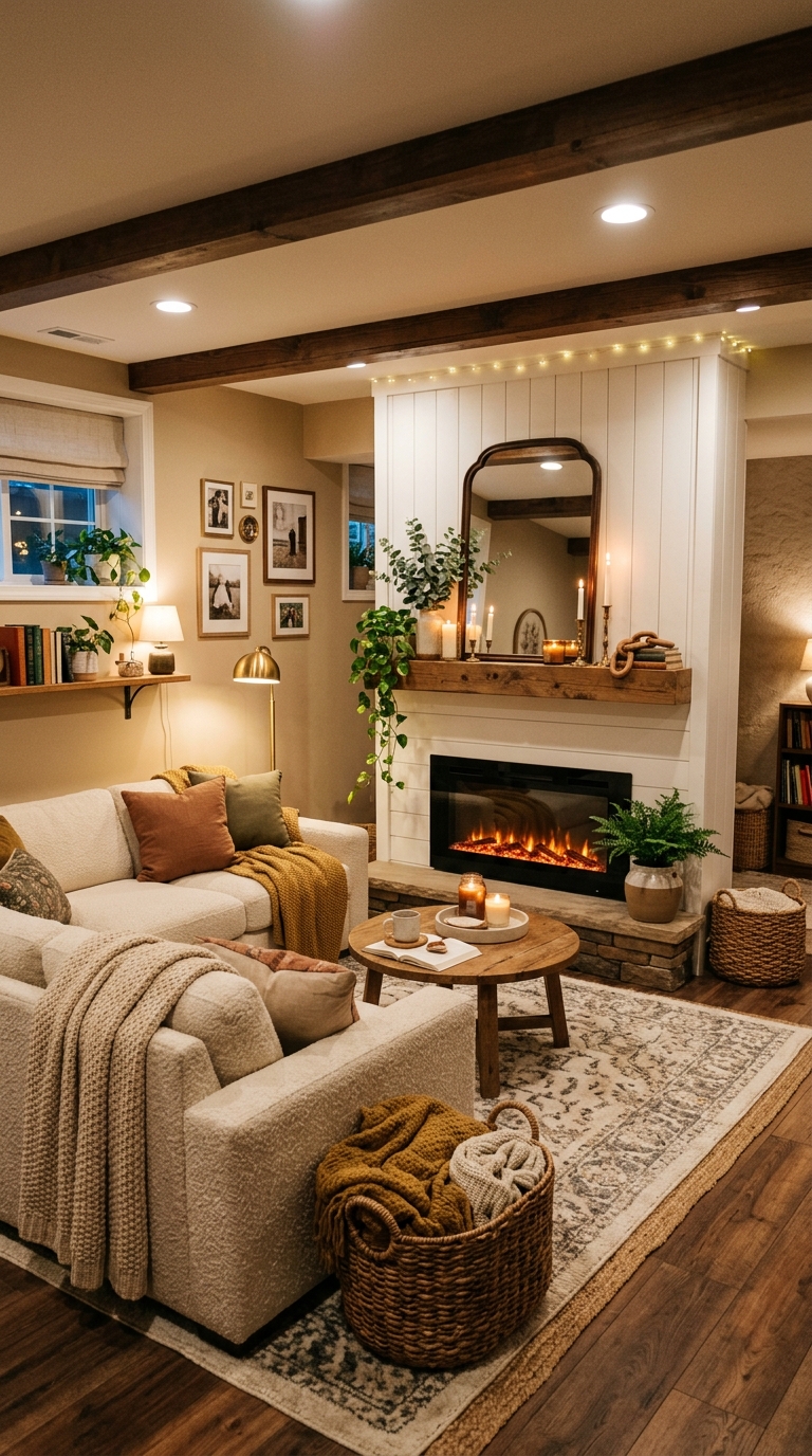Basement living room with white faux fireplace surround, electric insert, styled mantel, and cozy sectional