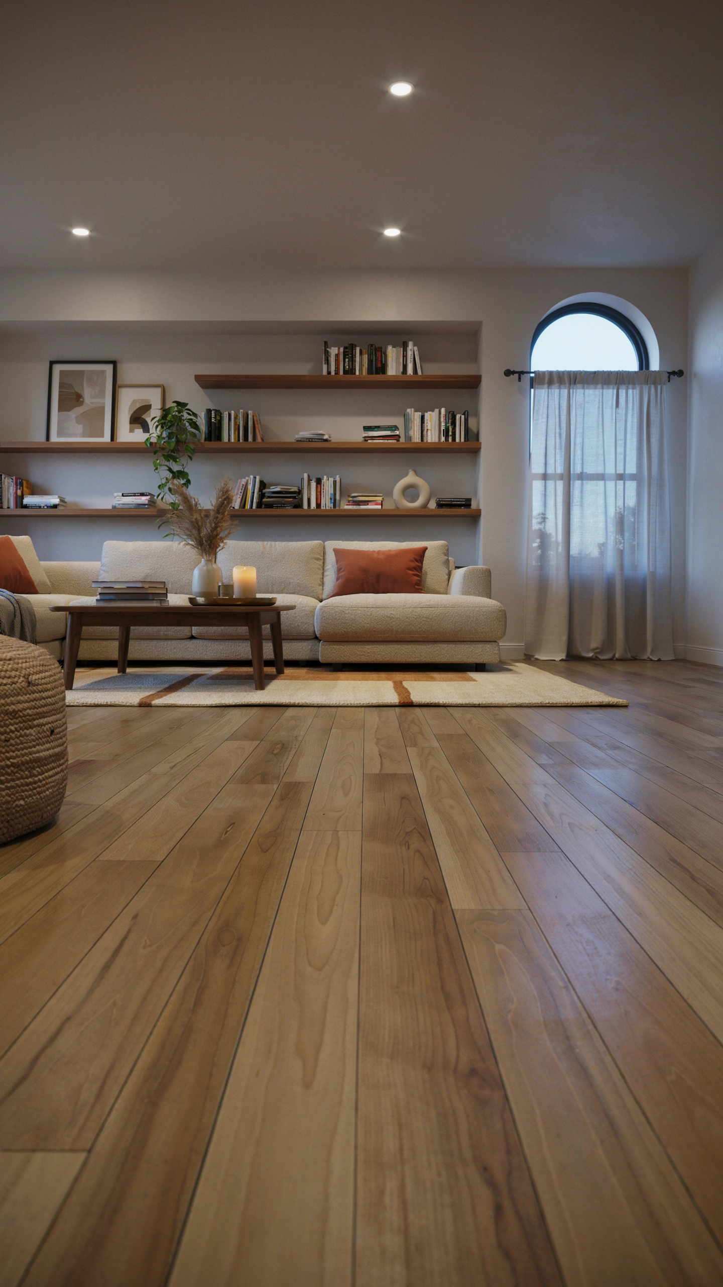 Basement living room with warm oak vinyl plank flooring, layered area rug, and sectional sofa for an expensive-looking finish