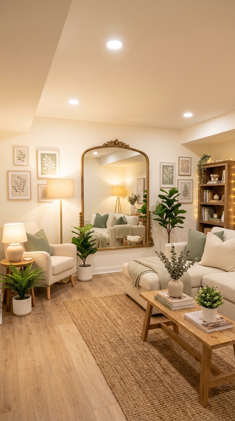 Windowless basement living room with warm white walls, layered lamps, large mirror, and bright airy atmosphere