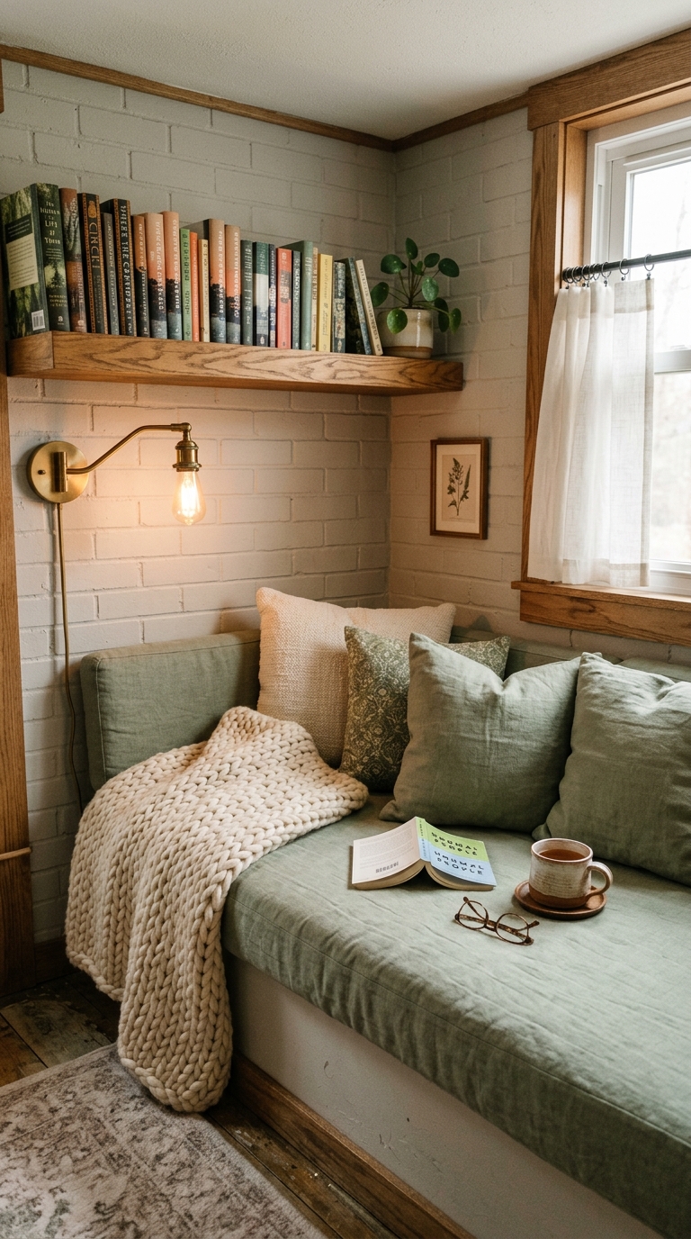 Cozy basement reading nook with built-in bench, floating shelf, sheer curtain, and warm swing-arm lamp