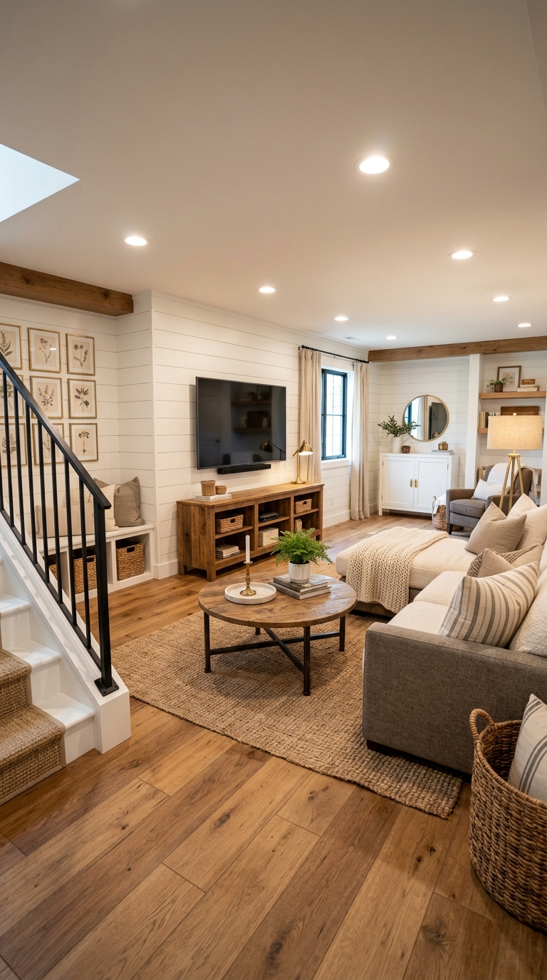 Basement living room with white shiplap feature wall, mounted TV, cream sectional, and warm brass accents