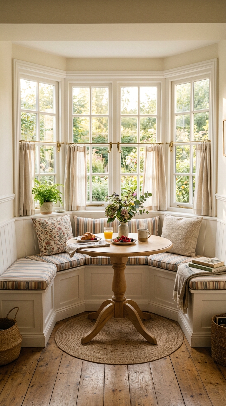 Bay window breakfast nook with built-in bench seating, stripe cushions and round dining table in morning light