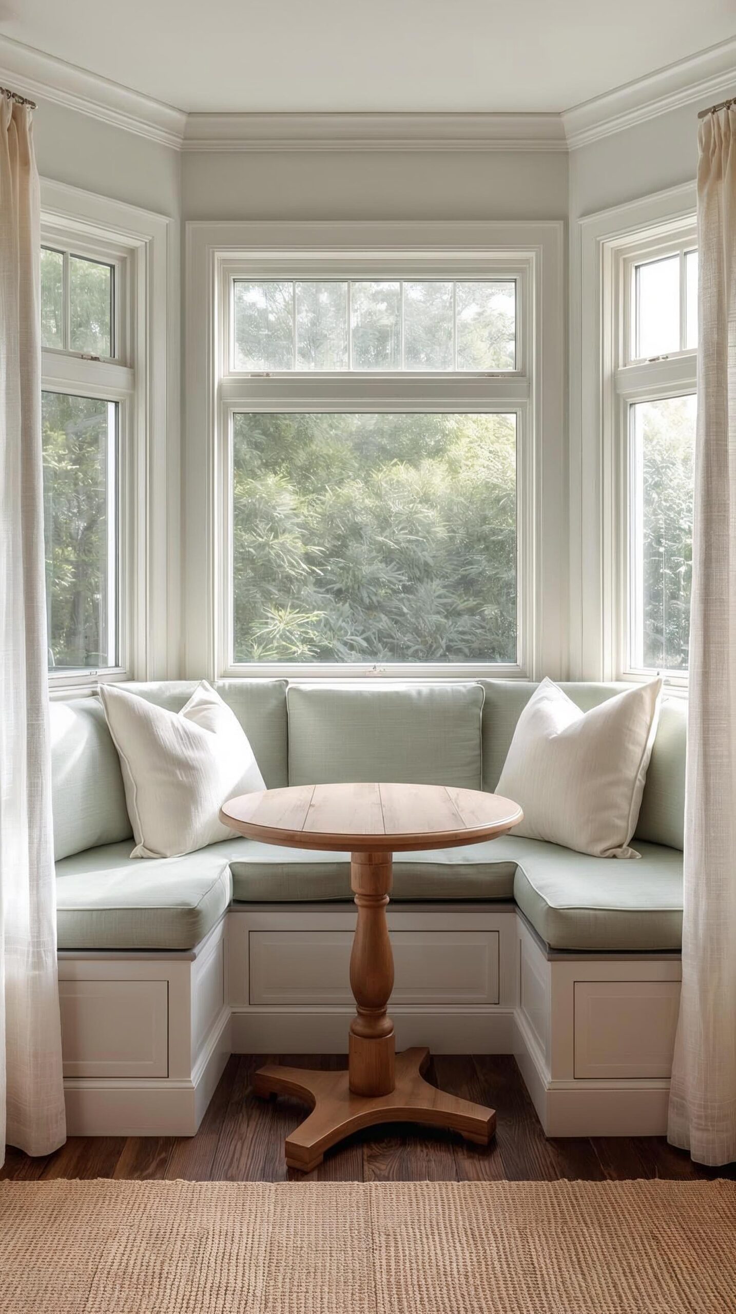 ay window breakfast nook with built-in bench seating, sage cushions, and morning light