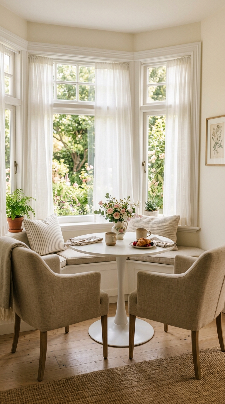 Bay window cottage breakfast nook with pedestal table and linen curtains in soft morning light