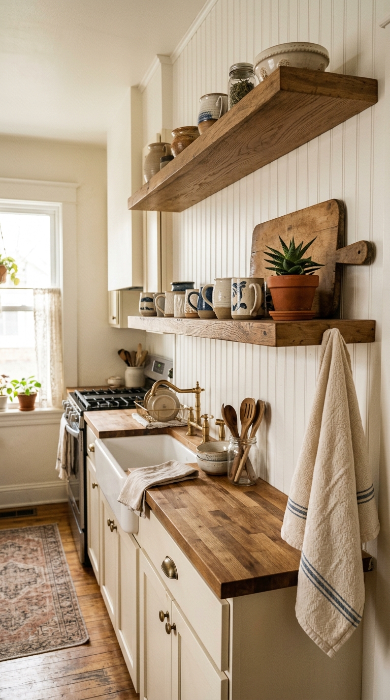White beadboard backsplash in a farmhouse galley kitchen with open wood shelves styled with ceramics and plants