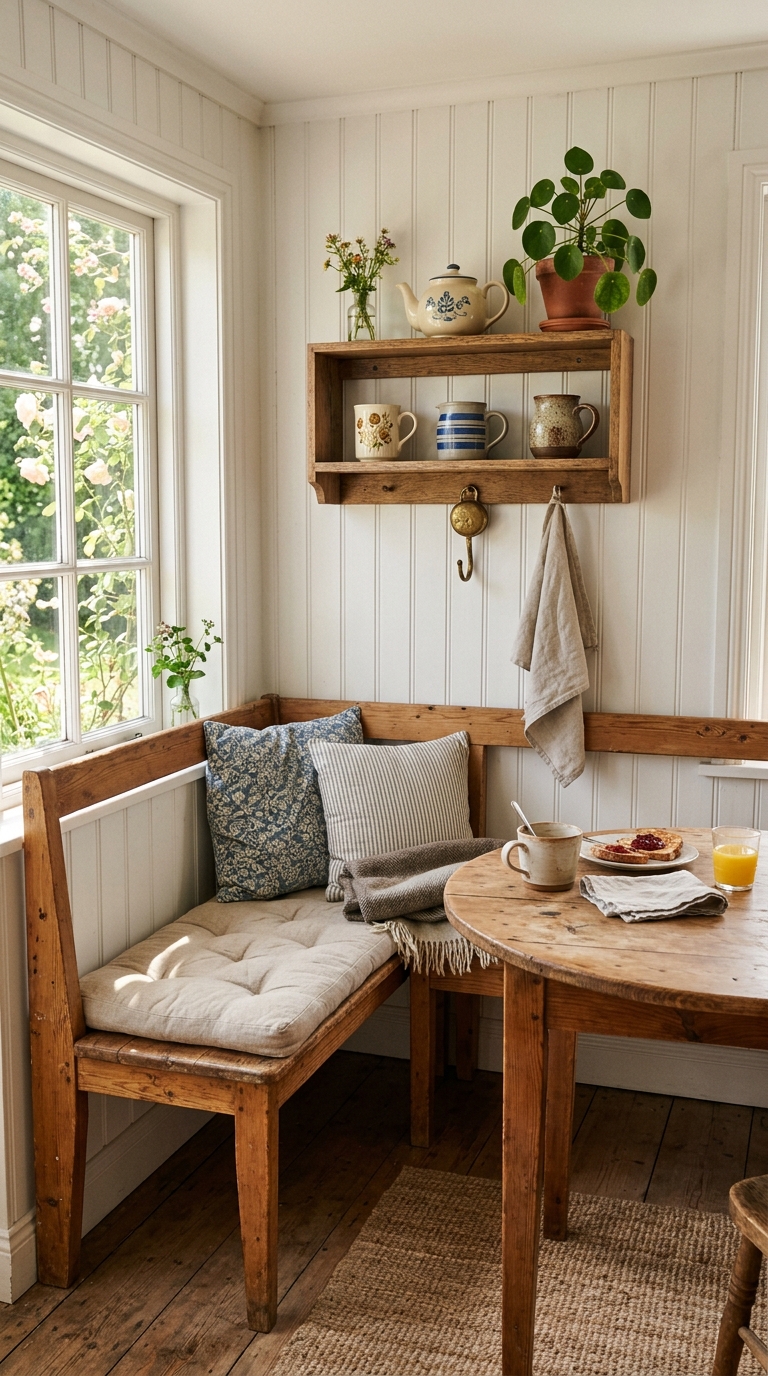 Cottage breakfast nook with white beadboard walls and open shelf styled with vintage mugs and ceramics
