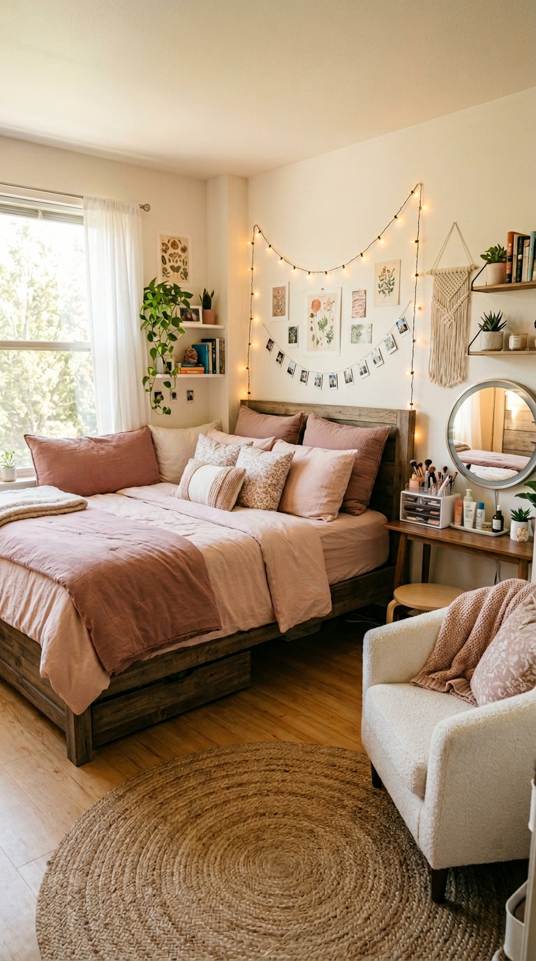 Two twin beds pushed together in a shared dorm room with coordinating bedding and open floor space for seating