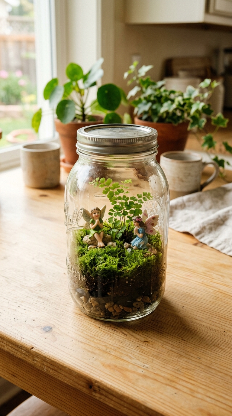 Easy beginner fairy garden terrarium in a mason jar with moss and fern