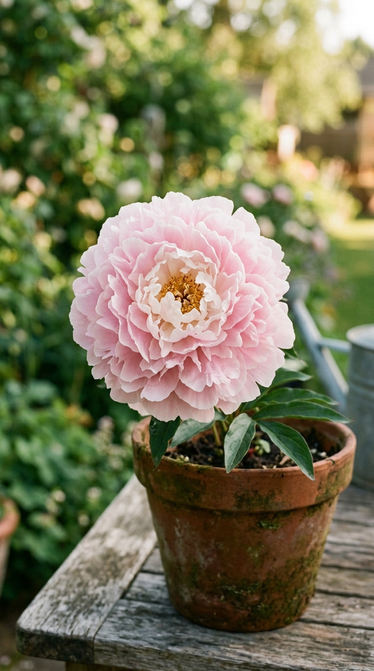 Sarah Bernhardt peony in full bloom in a terracotta pot showing the best variety for container growing with soft pink petals.