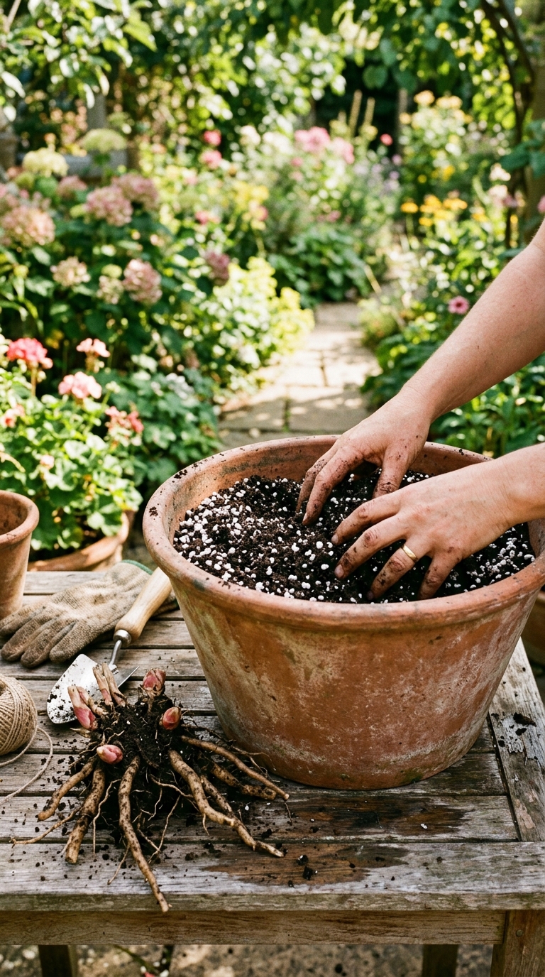 Hands mixing loam-based compost and perlite in a large pot with a peony bare root ready to plant, showing ideal soil mix for container peonies