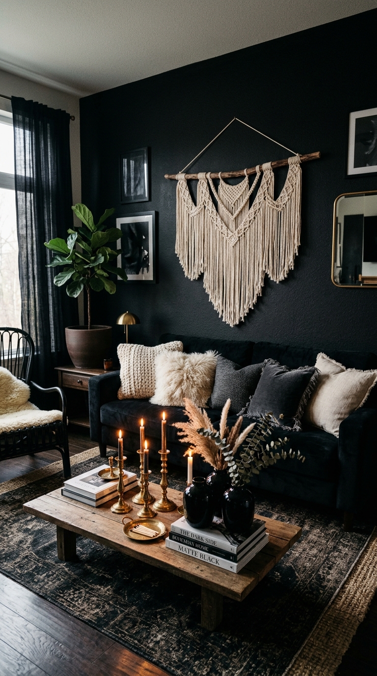 All-black boho living room with velvet sofa, macrame, and brass candlelight accents