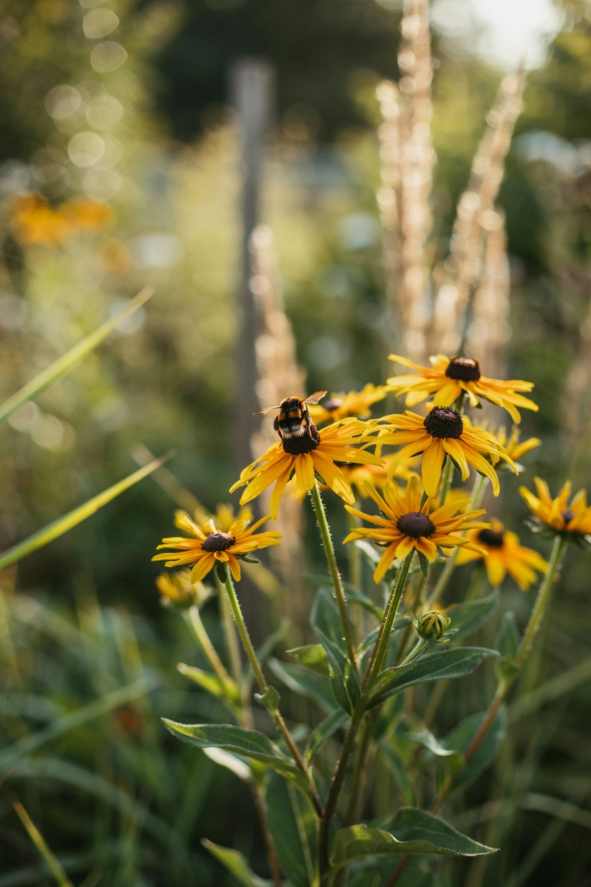 Golden black-eyed Susan flowers attracting native bees in a naturalistic pollinator garden in late summer