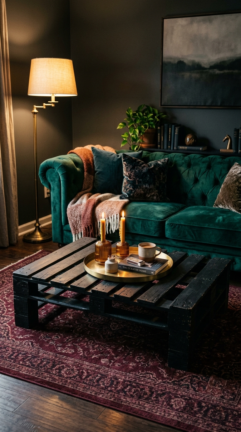 Matte black DIY pallet coffee table styled in a dark, moody living room with an emerald sofa, gold tray, and warm candlelight