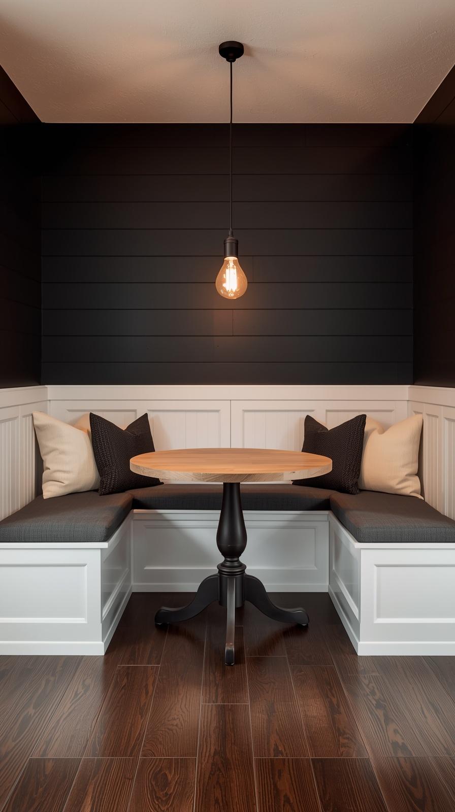 Moody farmhouse breakfast nook with black shiplap accent wall, oak table, and Edison bulb pendant