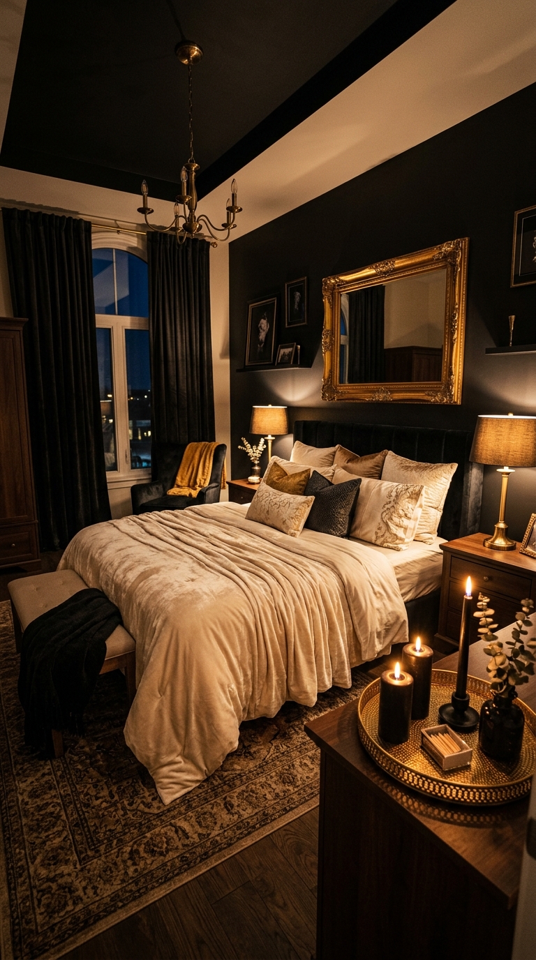 Dark romantic bedroom with matte black walls, gold accents, and cream velvet bedding for a moody glamour look