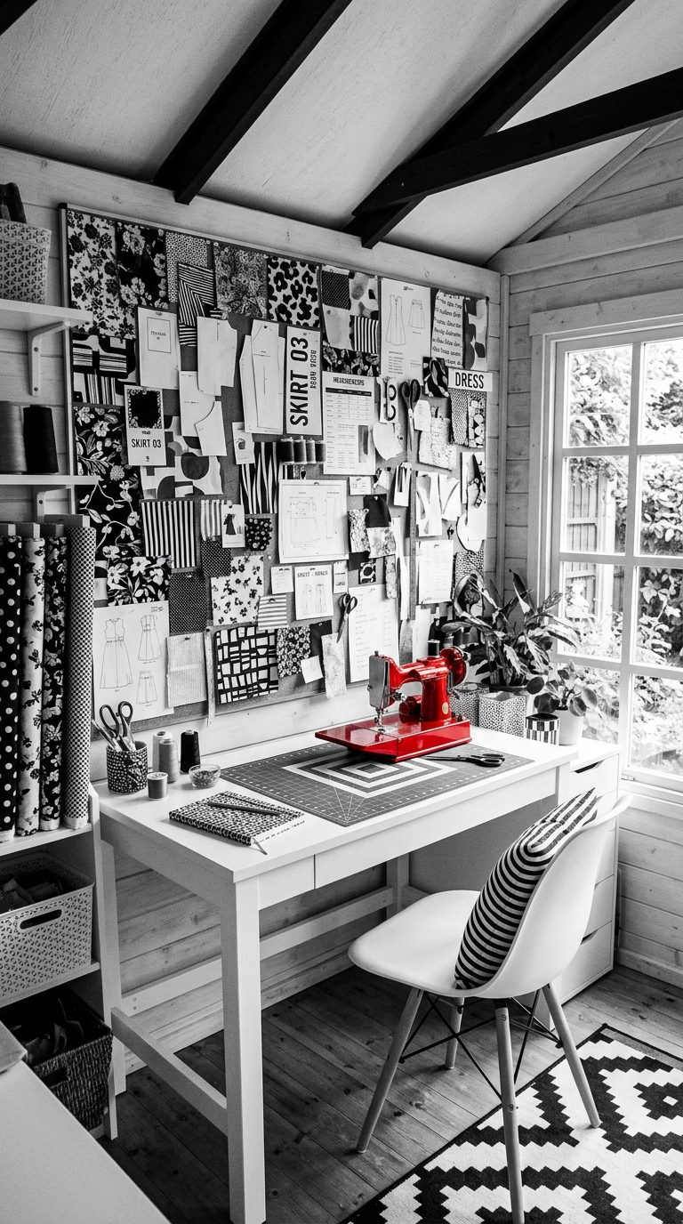 Black and white sewing she shed idea with magnetic pinboard wall