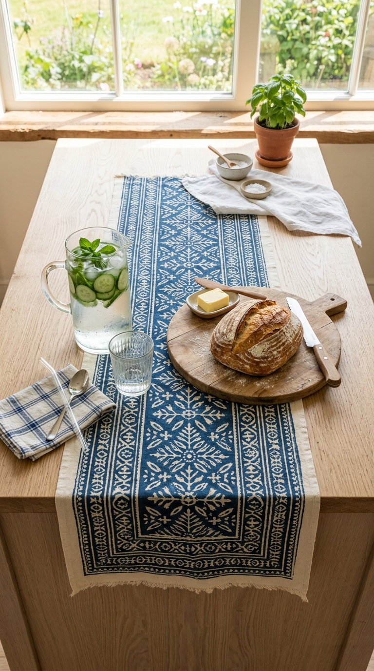 Indigo and bone block-printed cotton runner on a pale oak kitchen island with cucumber water and bread board
