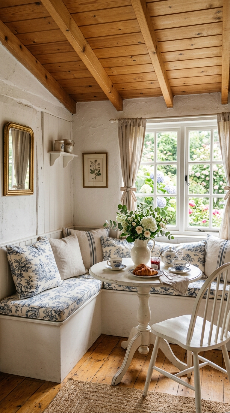 Blue and white cottage breakfast nook with toile cushions and wood plank ceiling