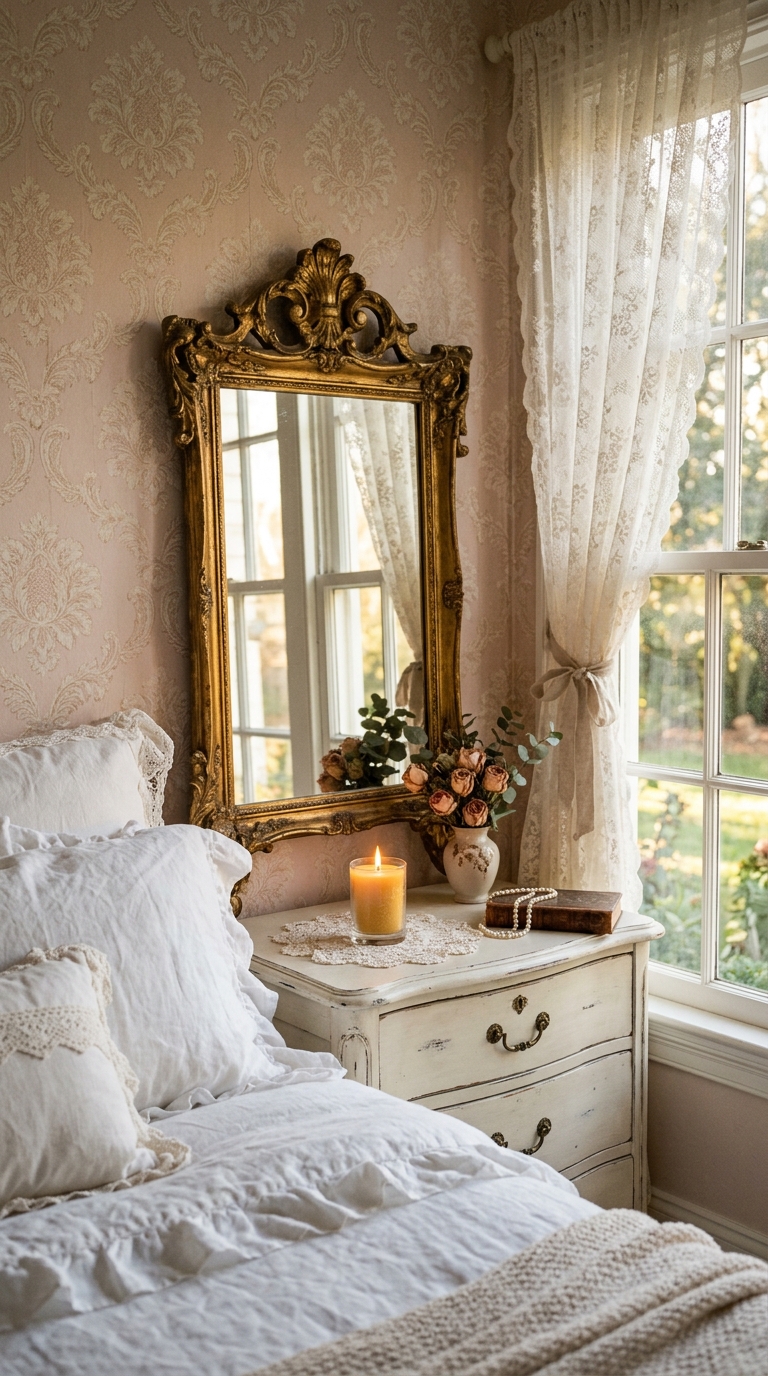 Blush and cream vintage damask wallpaper in a shabby chic bedroom with antique mirror and ruffled white bedding