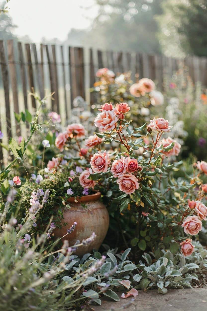 Blush and cream David Austin roses in an English cottage garden border — soft romantic colour palette