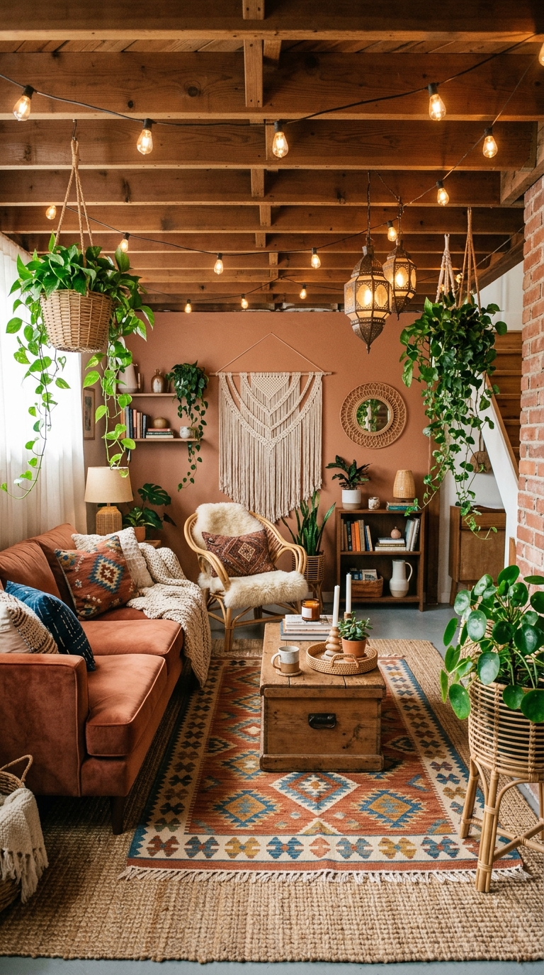 Bohemian basement living room with layered rugs, rattan chair, macramé wall hanging, and Moroccan lanterns