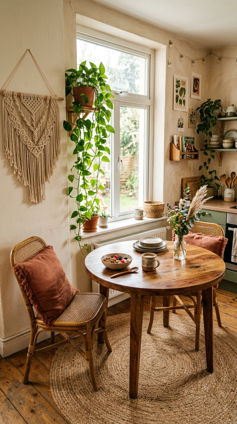 Bohemian breakfast nook with rattan chairs, macramé wall art and trailing plants in a cozy kitchen corner