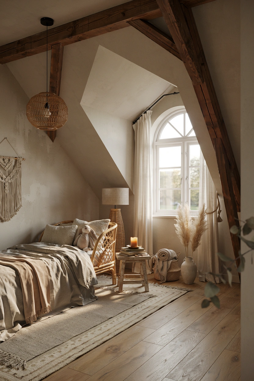 Gender-neutral boho attic kids room with rattan furniture, layered rugs, and warm earthy tones
