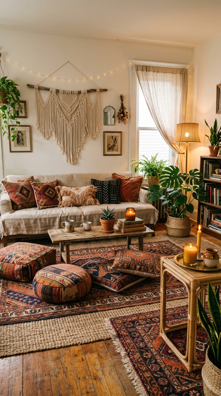 Bohemian floor seating lounge with layered rugs, mixed cushions, and macramé wall decor in living room