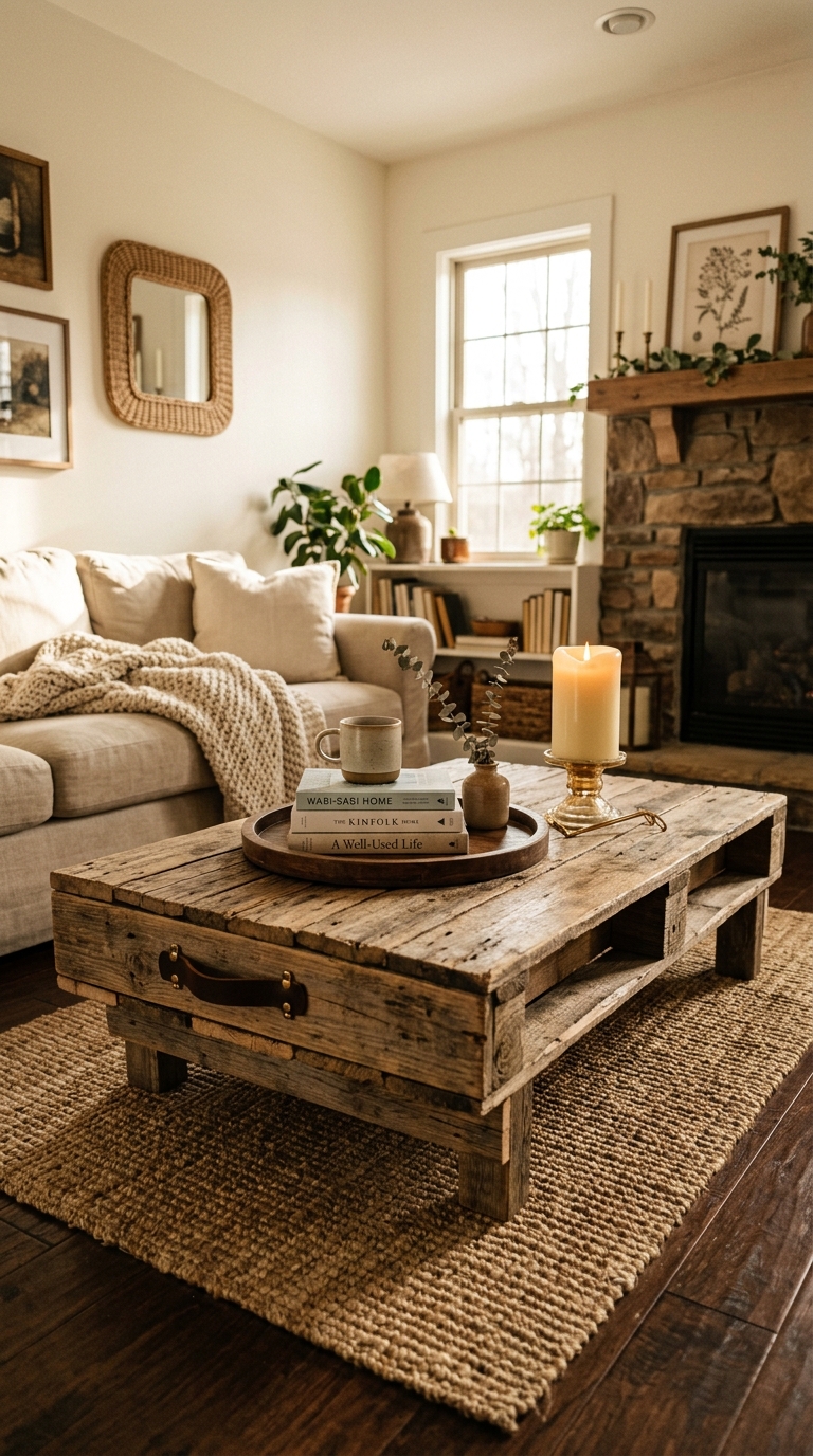 Boho DIY pallet coffee table with macramé skirt base, styled with pampas grass and dusty pink cushions in a bohemian living room
