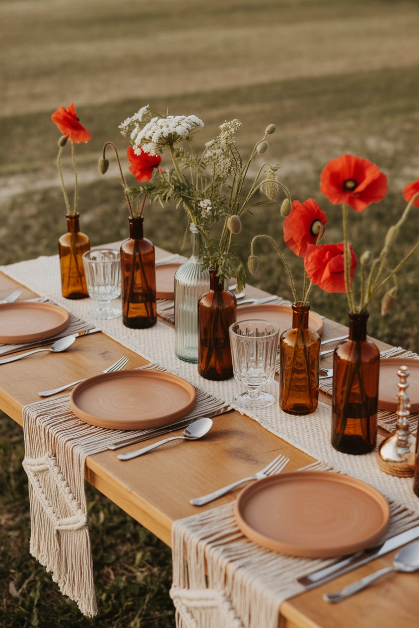 Boho patriotic 4th of July tablescape with macrame runner, terra cotta plates, and red poppy wildflower centerpiece