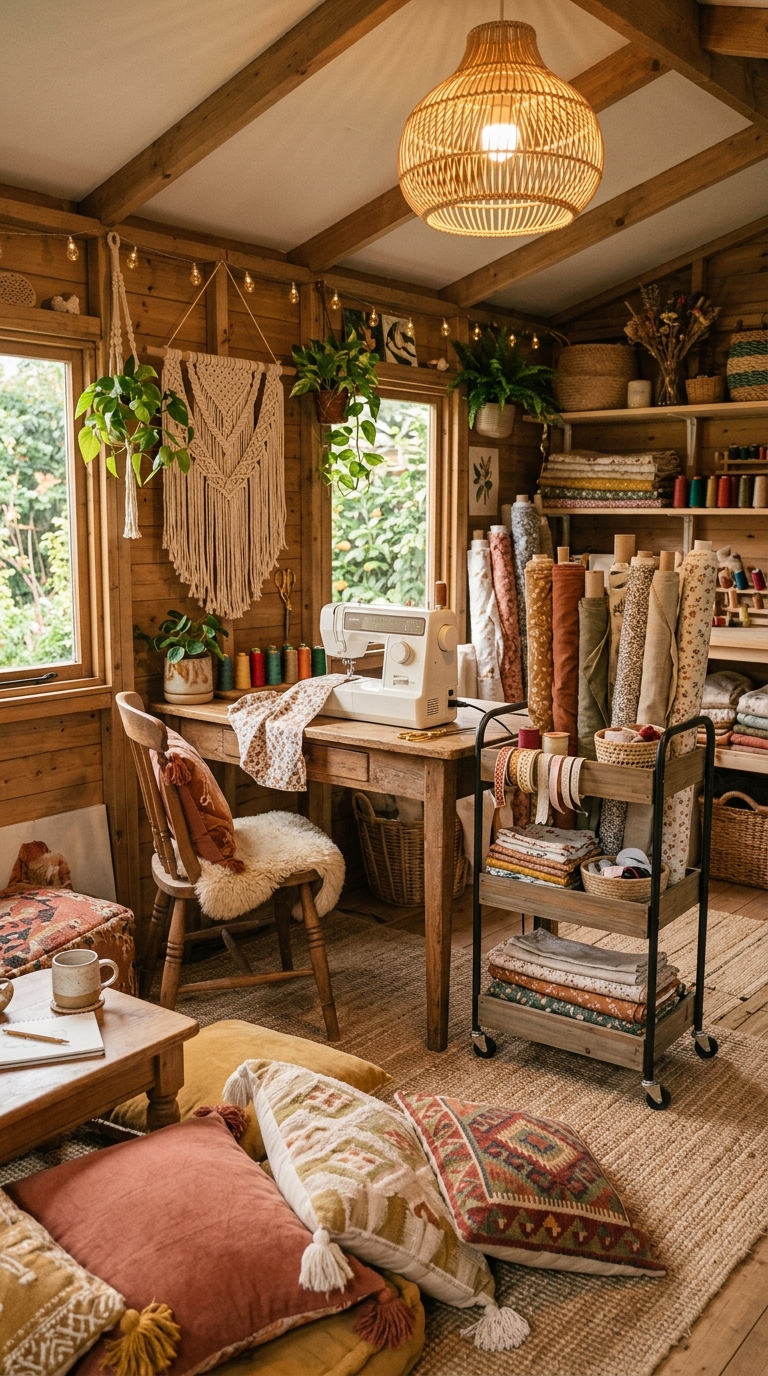 Boho sewing she shed idea with rolling fabric storage cart