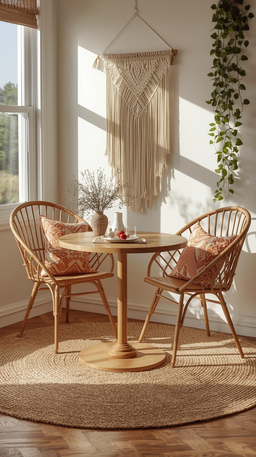 Small boho breakfast nook with rattan chairs, terracotta cushions, and macramé wall hanging