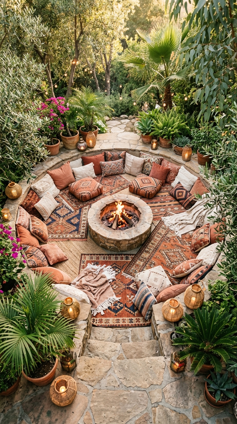Boho sunken fire pit idea with floor cushions and low seating