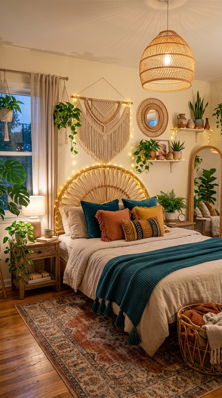 Boho teal bedroom idea with rattan furniture and warm earthy textiles