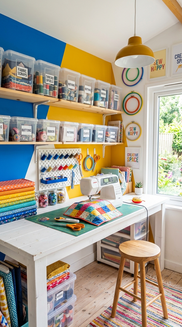 Bold color block sewing she shed idea with labeled fabric storage bins