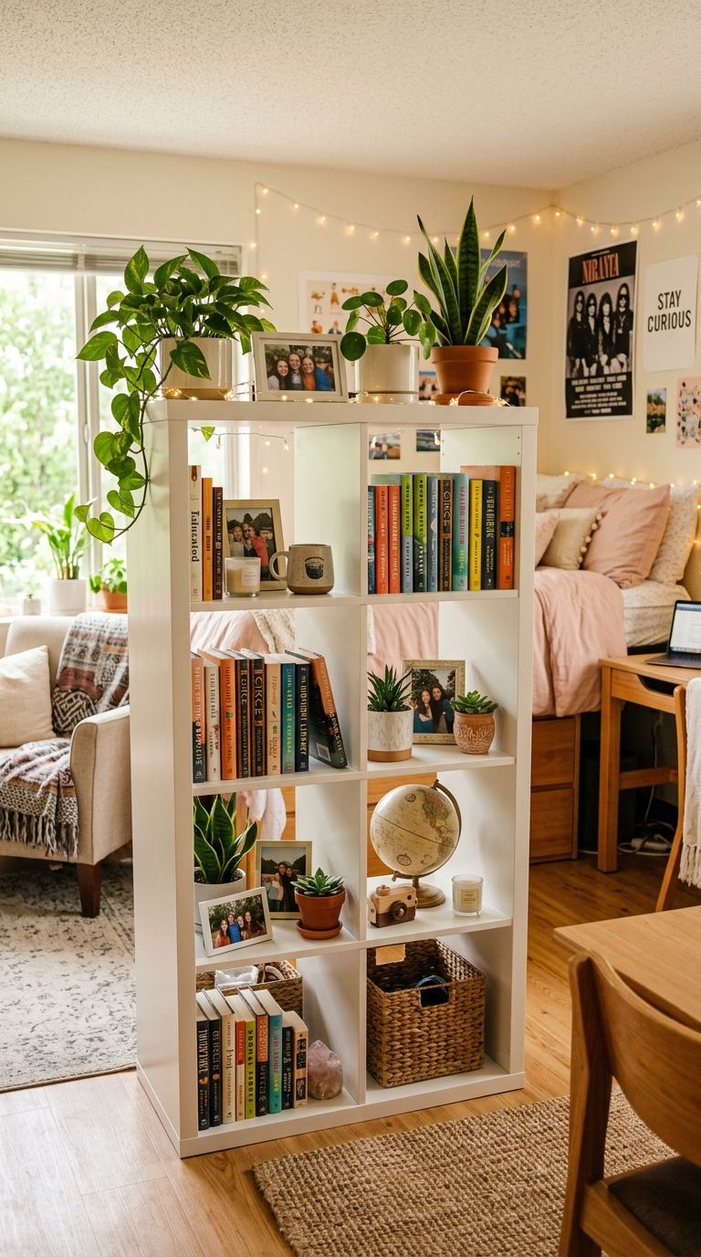 Cube bookshelf room divider in a shared dorm for two with styled storage on both sides