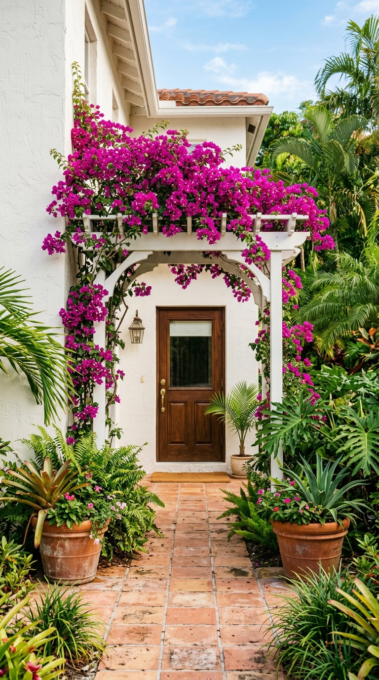 Bougainvillea climbing trellis at Florida home entrance with bright magenta blooms and white stucco wall