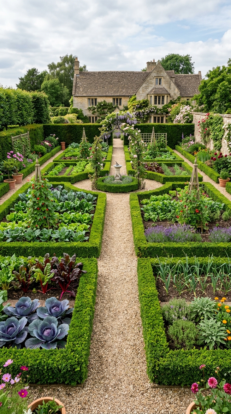 Boxwood-edged formal potager garden layout with clipped hedges