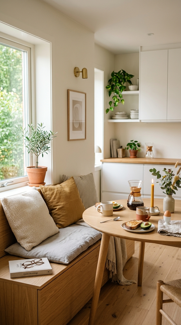 Cozy modern breakfast nook in bright kitchen with natural light and wooden bench seating design ideas